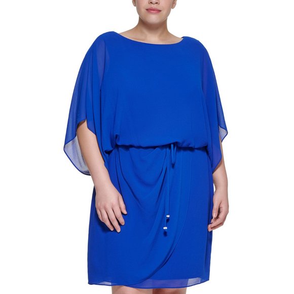 Jessica Howard Womens Chiffon 3/4 Sleeves Tie Waist Blouson Dress Plus 24W Blue - Picture 1 of 6